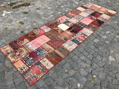 Turkish Vintage Rug Handmade Wool Rug Bohemian Runner Rug Patchwork 3,2 x 10, ft - Image 1 of 4