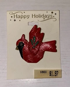 Broche broche vintage NOS cardinal oiseau rouge joyeuses fêtes Noël - Photo 1/4