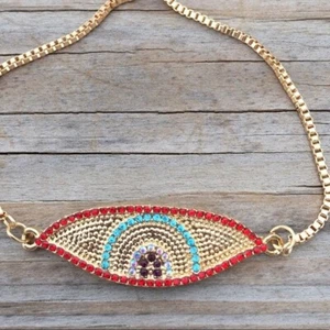 Evil Eye Protection Bracelet Gold Plated with Aqua Blue,Purple,Red Clear Crystal - Picture 1 of 6