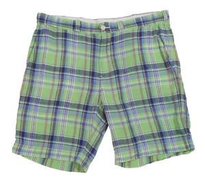 POLO Ralph Lauren Plaid 100% Linen Flat Front Shorts Size 34 Green Blue Preppy - Picture 1 of 7
