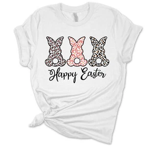 Womens Easter Tshirt Happy Easter Printed Bunnies Short Sleeve T-shirt - Picture 1 of 3