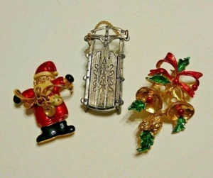 3 Christmas Brooches Pins Santa Sled Bells Holiday Set Of 3 Fashion Brooches - Picture 1 of 12