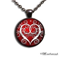 Valentine's Day Scrolled Heart Handmade Glass Pendant Necklace