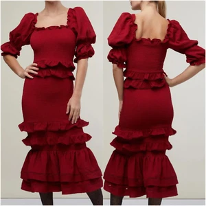 RACHEL PARCELL Jacquard Smocked Midi Dress Deep Red Size Large NWT - Picture 1 of 5