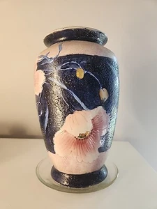 10" Vintage Black and Pink Textured Vase with Gold Accents With Stand - Picture 1 of 18