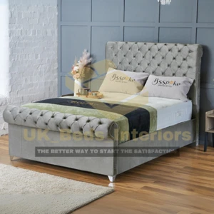 Sleigh Scroll Bed Frame Plush Velvet Ottoman Liftup Bed&Mattress Double,King,6ft - Picture 1 of 16