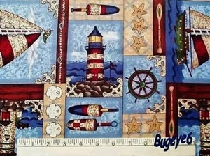 Leslie Beck NAUTICAL Fabric LIGHTHOUSE Buoy SAILBOAT Ocean Starfish Cotton BTY - Picture 1 of 2