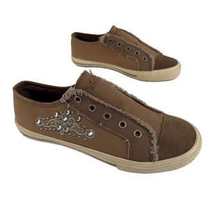 Y2K Vtg Paris Blues Womens Sneakers Brown Rhinestone Slip-On Bilng Casual Size 8 - Picture 1 of 9