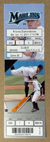 Miami Florida Marlins Ticket Stub 06-11-11 vs D-Backs Josh Johnson - Lot #2 Cover
