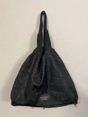 Victoria’s Secret Lightweight Packable CARRY Drawstring Tote Bag BLK Logo Zips - Image 1 of 4