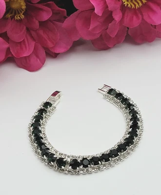 Silver Tone Dark Green  And Clear Rhinestone Tennis Bracelet 7.5" — 第 1/4 张图片