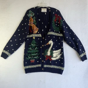 Marisa Christina Navidad Suéter Cárdigan Mujer’s Grande Azul Vintage 95 Ganso - Imagen 1 de 14