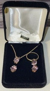 Genuine Amethyst Gold Tone Necklace, Earrings & Ring Jewelry Set - in Box - Picture 1 of 3