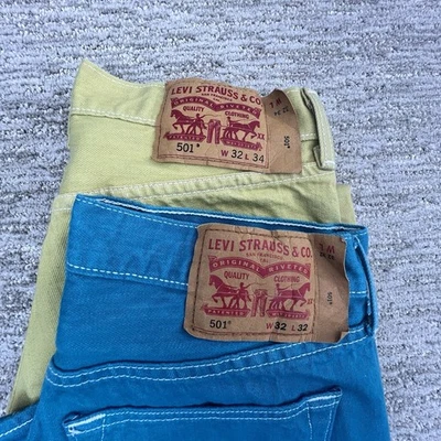 2 pair -Levis 501 Men's White Button Fly Classic Fit Straight SIZE 32 Teal/Lemon - Image 1 of 4