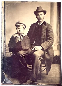 ANTIQUE CIVIL WAR ERA TINTYPE PHOTOGRAPH OF A FATHER AND HIS "SPANKY" TYPE SON - Picture 1 of 3