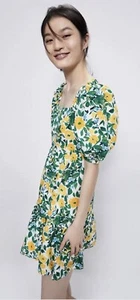 Boutique Floral Puff Sleeve Ruffle Boho Mini Dress XS Green Yellow Summer NWT - Picture 1 of 17