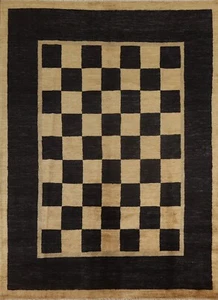 Checked Modern Gabbeh Area Rug 7x8 Near Square Hand-knotted Wool Carpet - Picture 1 of 12