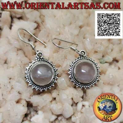 Orecchini Argento 925‰ quarzo rosa tondo cabochon e cornice di tris di palline l - Immagine 1 di 4