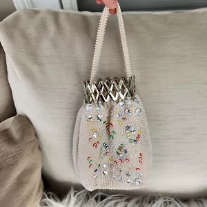 Vtg Cloth Beggars Bag w/ Expandable Metal Opening & Colorful Plastic Accents - Picture 1 of 7