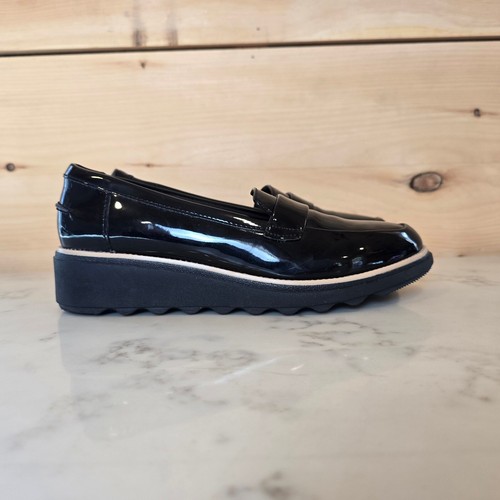 Scarpe mocassino Clarks zeppa donna 8 5 nero pelle lucida morbido cuscino