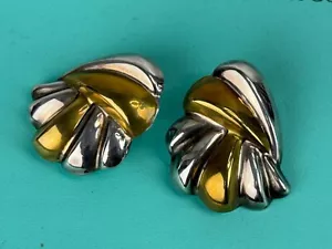 925 Sterling Silver 2-Tone Vintage Mexico Leaf Design Large Earrings - Picture 1 of 4