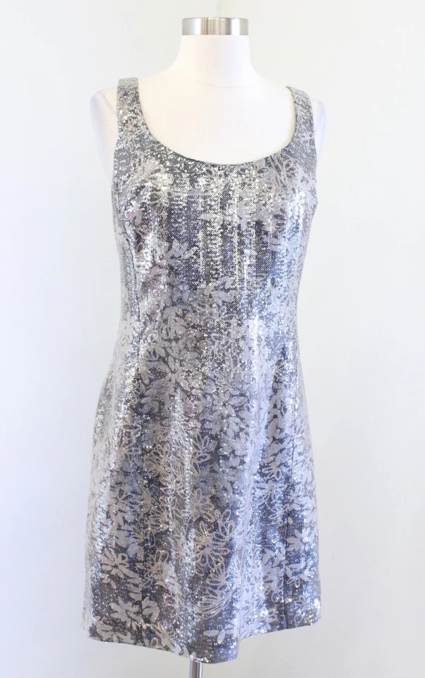 Vestido Vaina Kay Unger Gris Plateado Marrón Estampado Floral Lentejuelas Cóctel Fiesta Talla 6 Foto 1 de 4