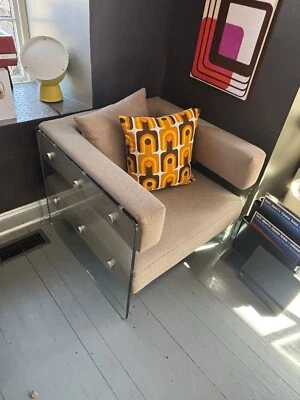 Glass Panels Frames Cube Shape Lounge Chair, Vintage 1970s Space Age - Image 1 of 4