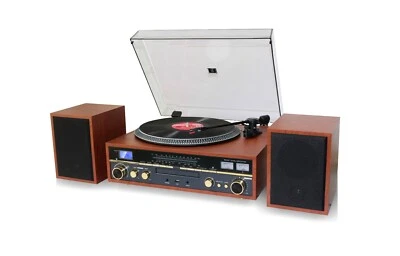 TECHPLAY COMMANDER RECORD PLAYER STEREO SYSTEM BLUETOOTH AM/FM RADIO CD MP3 WOOD - Image 1 of 4