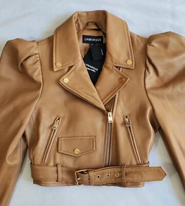 $625 NWT LAMARQUE CHARNESA LEATHER BIKER WITH PUFFE SESAME JACKET WOMEN'S SZ XXS - Picture 1 of 18