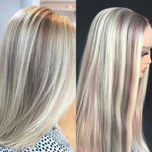 13x6 Lace Front Perücke Kunsthaar Highlight Blond Balayage Lang Glatt Sy... - Bild 1 von 7