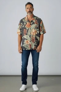 Tommy Bahama graues Hawaii Herren Camp Hemd Hibiskus geblümt Gr. M 100% Seide " - Bild 1 von 10