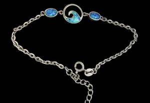 "Tobillera con soporte de ópalo azul ovalada onda del océano hawaiano de plata de ley de 7"" a 8 1/2""" - Imagen 1 de 3