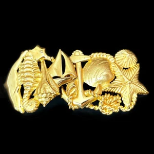 VTG Paquette Gold Tone Interlocking Belt Buckle Nautical SeaHorse Shell Sailboat - Picture 1 of 16