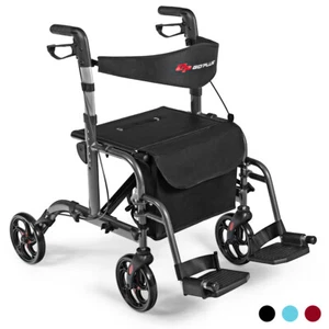 Folding Medical Rollator Walker Aluminum Transport Chair Adjustable Handle Black - Picture 1 of 12