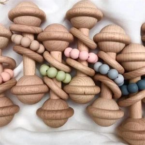 Baby Teething Ring and Wooden Rattle Wood Silicone Pink - Picture 1 of 21