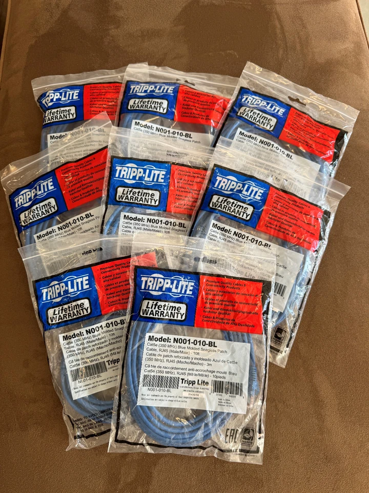 (8) Tripp Lite 10ft Cat5e / Cat5 Snagless Molded Patch Cable RJ45 M/M Blue 10' - Image 1 of 1