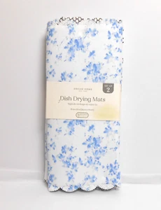 Dream Home 2 Dish Drying Mats Blue Floral Anti Slip 15 x 20 - Picture 1 of 2