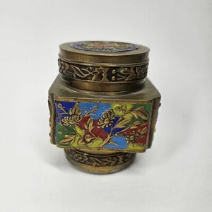 Brass Cloisonne Jar w/Lid Vintage Chinese Tea Caddy Trinket Box - Picture 1 of 10