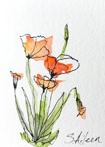 ACEO Painting Watercolor Ink Poppy Flower Red Yellow Botanical Minimal Signed - Picture 1 of 2