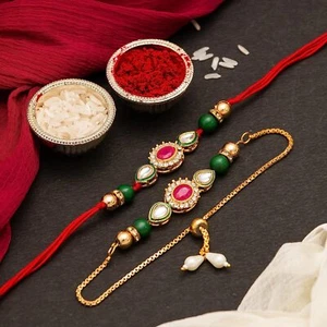 Set of 2 Rakhi Lumba Bracelet Combo Set for Brother Raksha Bandhan Pearl Unisex - Foto 1 di 3