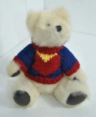 Vintage Hugfun Int'l White Teddy Bear Red & Navy Handknit Sweater Stuff Plush 8" - Image 1 of 4