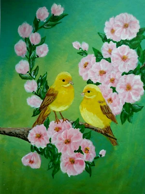 Gelbe Vögel auf Ast mit Blumen Original Acryl Gemälde Landschaft Wanddeko - Bild 1 von 4