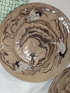 Set Of 2 Banko Ware Agate Clay Three Cranes Enamelled Plates 14cm Diameter - Picture 1 of 10