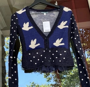 Anthropologie Leifnotes Blue Black White Bird Flying Sweater Cardigan Sz XS $148 - Picture 1 of 10