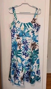 Vestido de lino talla 12 Lauren Ralph Lauren sin mangas ajuste floral acampanado cuello redondo - Imagen 1 de 9
