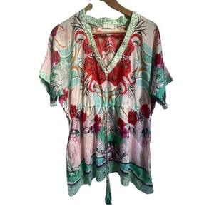 Johnny Was Top Blouse Size Medium 100% Silk Green Red Floral - Picture 1 of 12