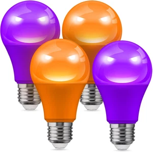 Halloween Orange Purple LED Light Bulbs Outdoor 4 Pack 9W A19 Orange Purple   - Picture 1 of 12
