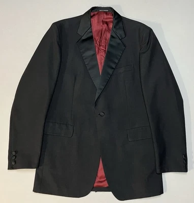 Chaqueta de Esmoquin Negra Vintage Solapa Satinada Talla 41L Mezcla de Lana Forrada en Rojo Hungría Usada en Excelente Condición Foto 1 de 4
