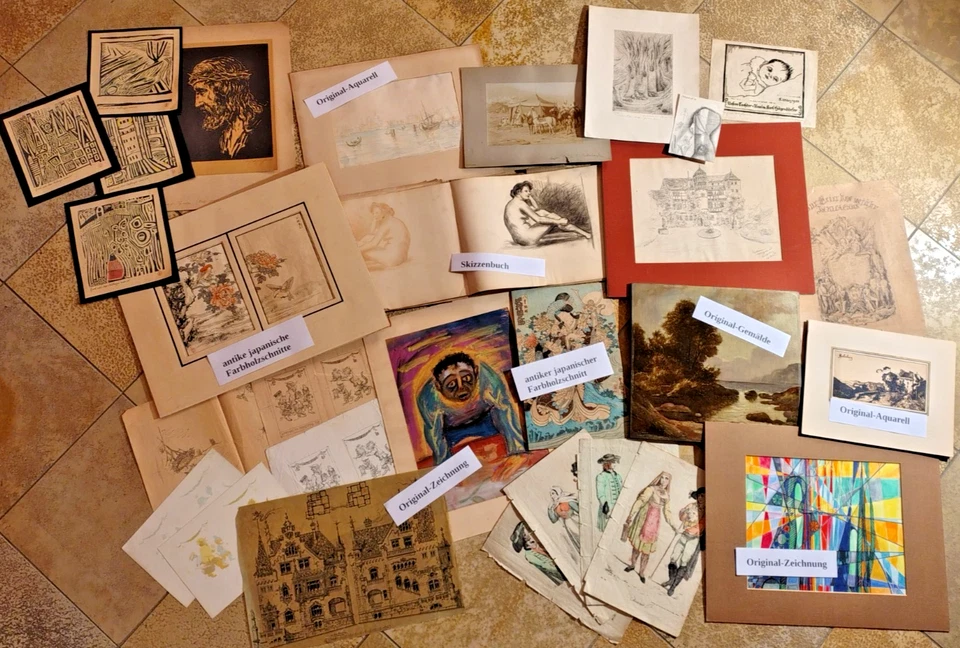 großes Konvolut ● Gemälde Zeichnungen Druckgrafik ● Skizzenbuch ● zT unleserlich - Bild 1 von 4