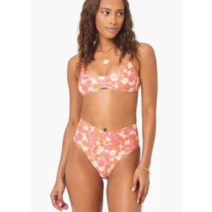 L*Space Fused Ry Bikini Bottoms Size XS Daisy Printed High Waist Pink Orange NEW - Picture 1 of 7